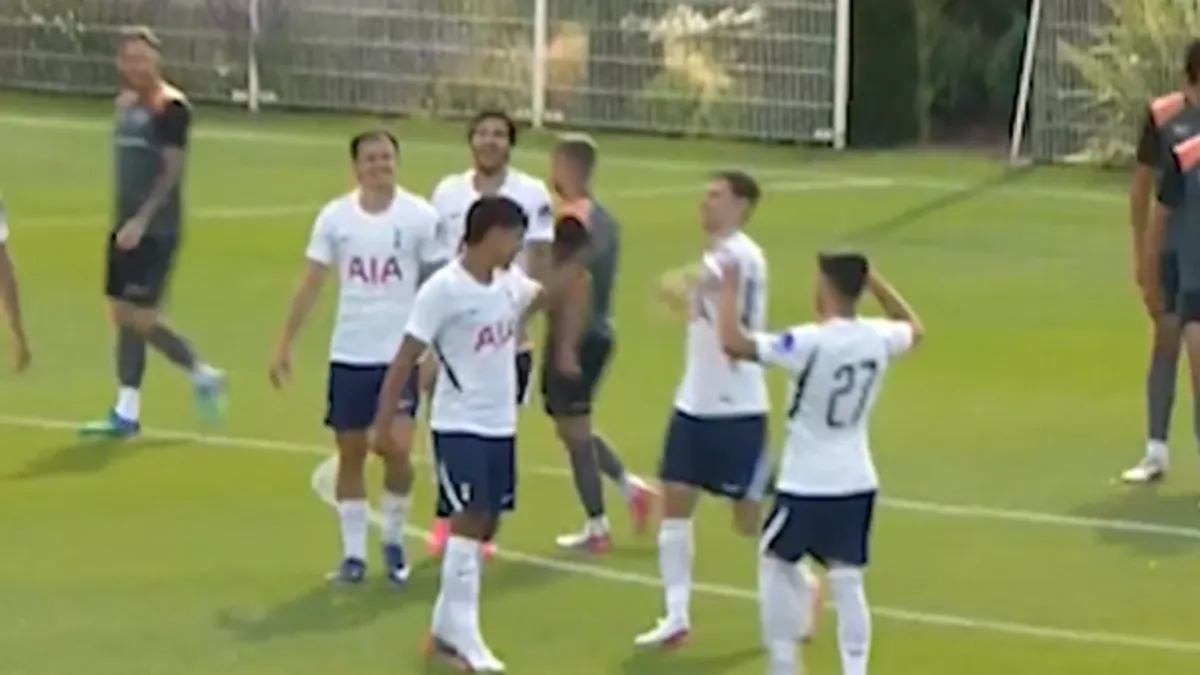 Tottenham Hotspur players celebrate during a pre-season match against MK Dons at Hotspur Way