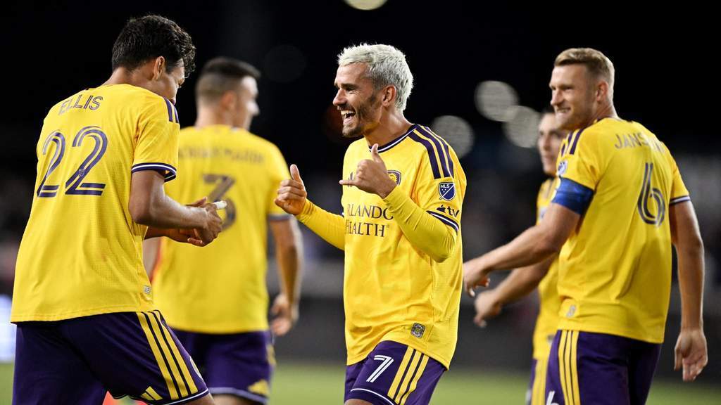 Antoine Griezmann celebrating his debut goal for Orlando in Major League Soccer