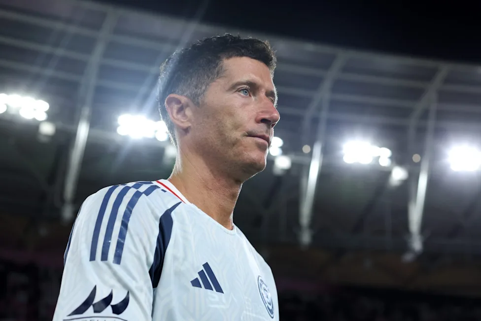 Robert Lewandowski reacting during his Chicago Fire debut after congratulating Spain World Cup winners