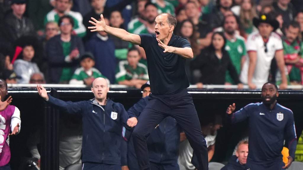 England manager Thomas Tuchel gesturing and shouting on the touchline during a World Cup match