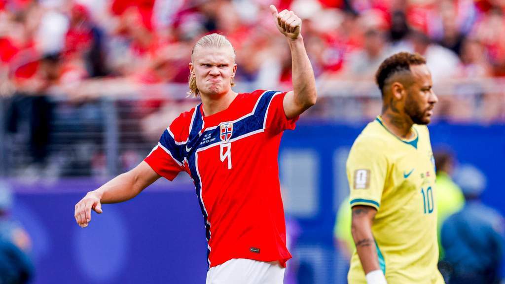 Erling Haaland celebrates scoring for Norway against Brazil in the 2026 World Cup round of 16.